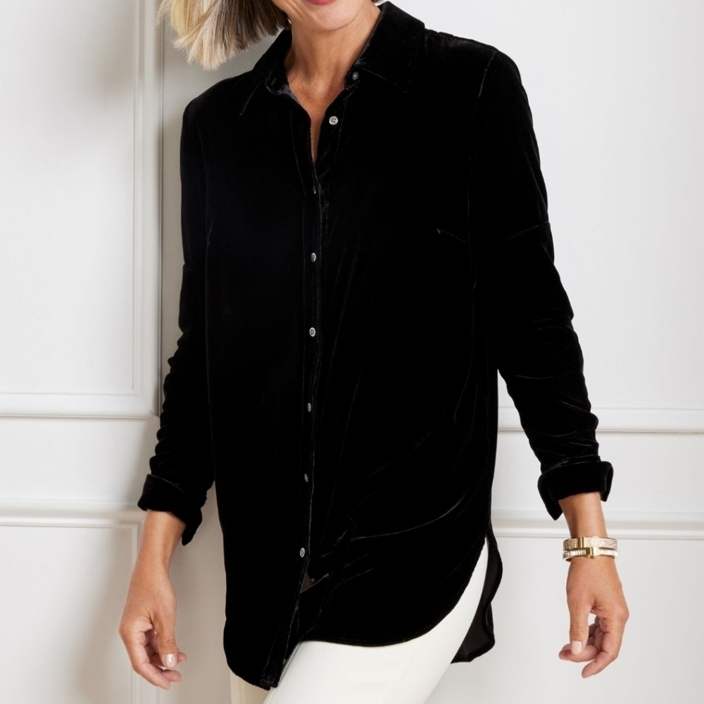 Talbots Black Velvet Button Front Shirt Sz L
